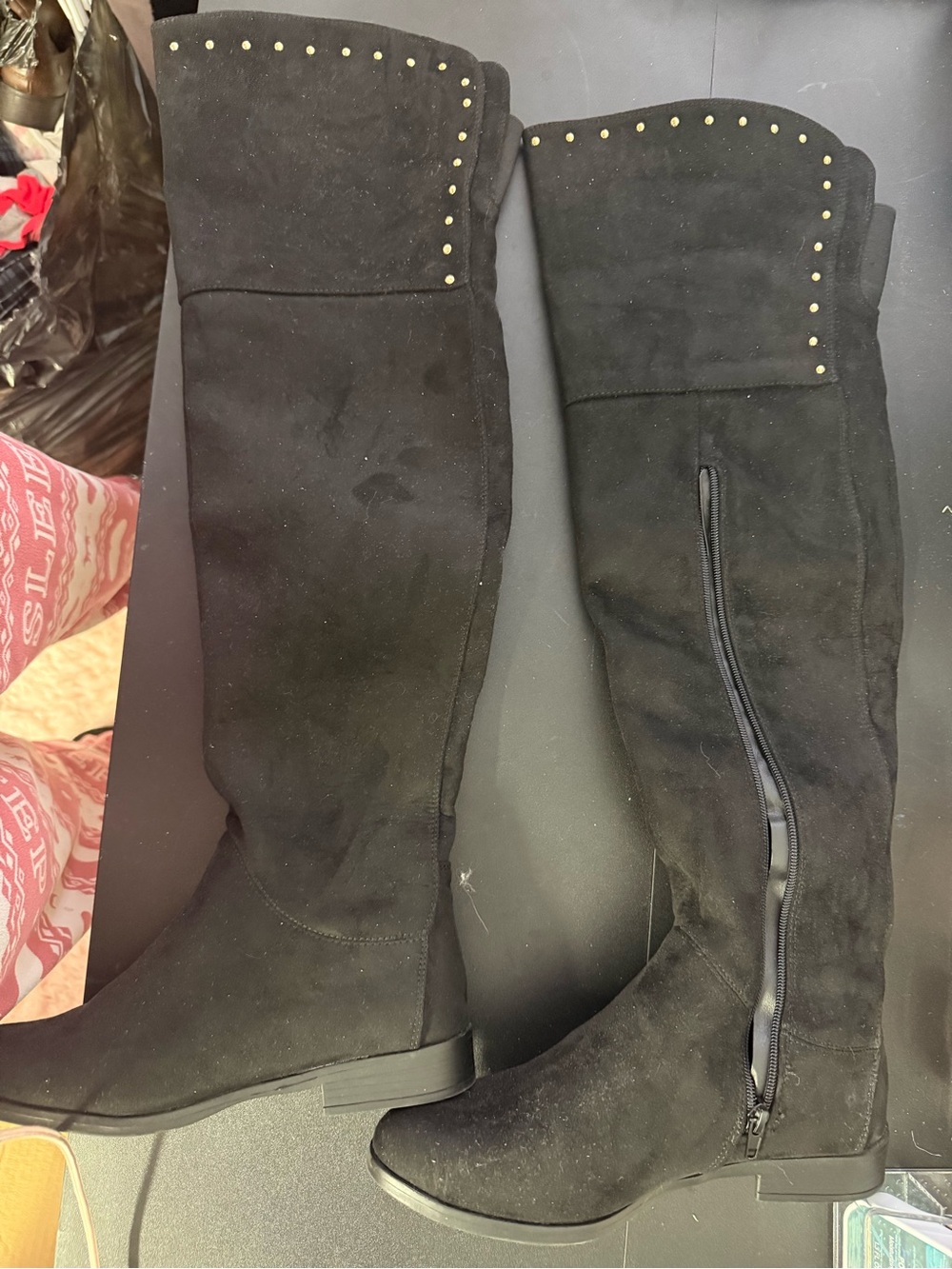 Tall Black Suede Above the Knee-Boots with Stud Trim